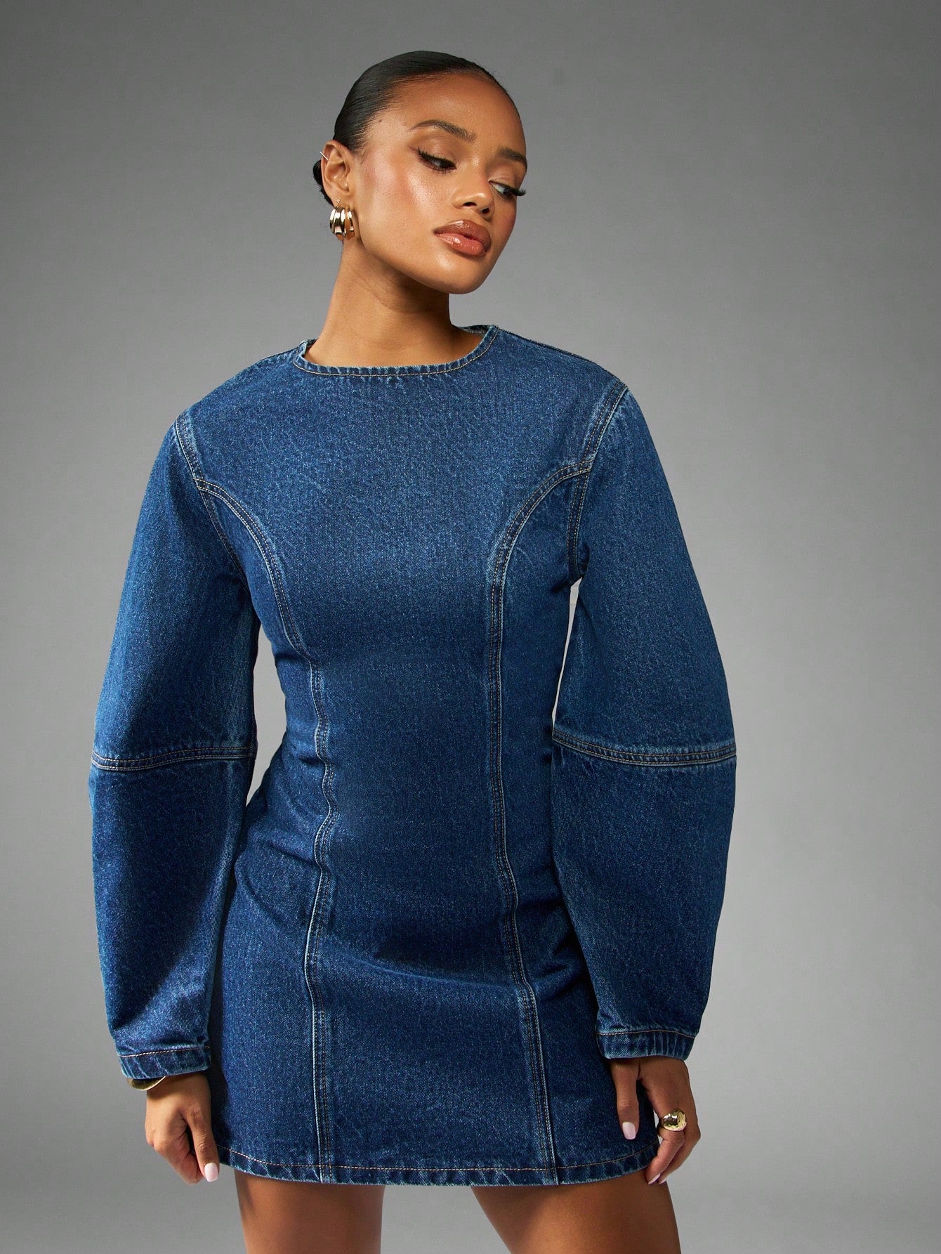 Fitted Denim Mini Dress With Balloon Sleeves