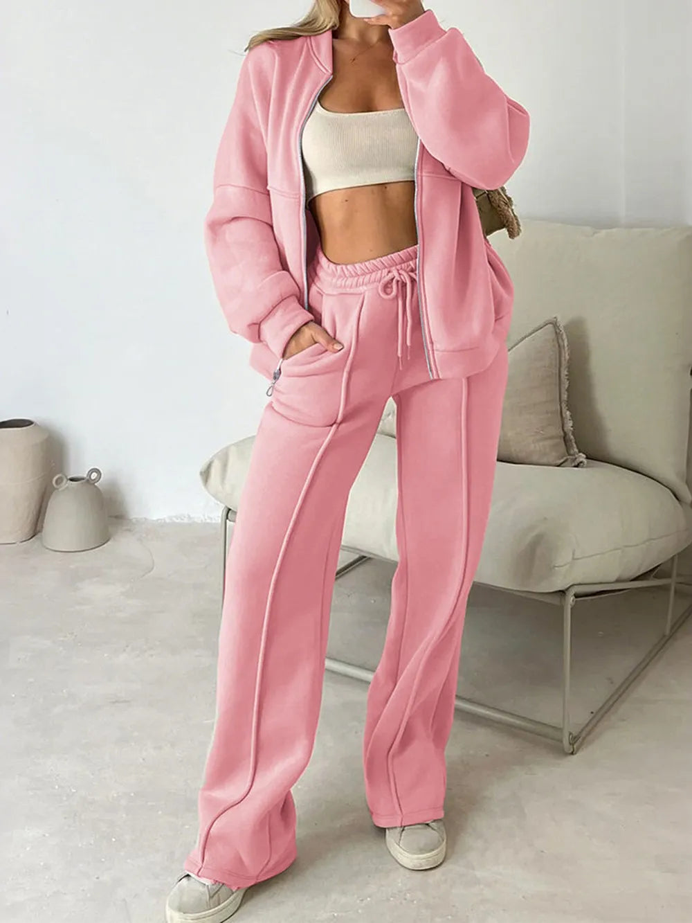 Zipper Up Jacket and Drawstring Pants Set