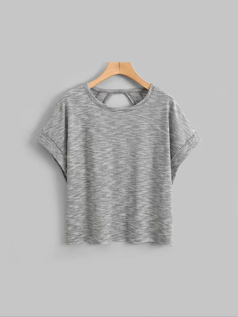 Women'S Plain Cut Out Asymmetrical Hem Batwing Sleeve Tee, Casual Short Sleeve round Neck T-Shirt for Summer, Ladies Clothes for Daily Wear, Tops, Womenswear