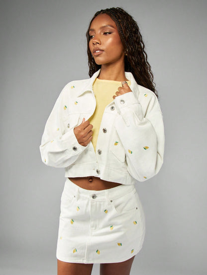 Oversized White Cotton Embroidered Lemon Print Denim Trucker Jacket