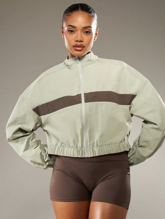 Cropped Color Block Track Jacket With Elastic Waist And Stand Collar