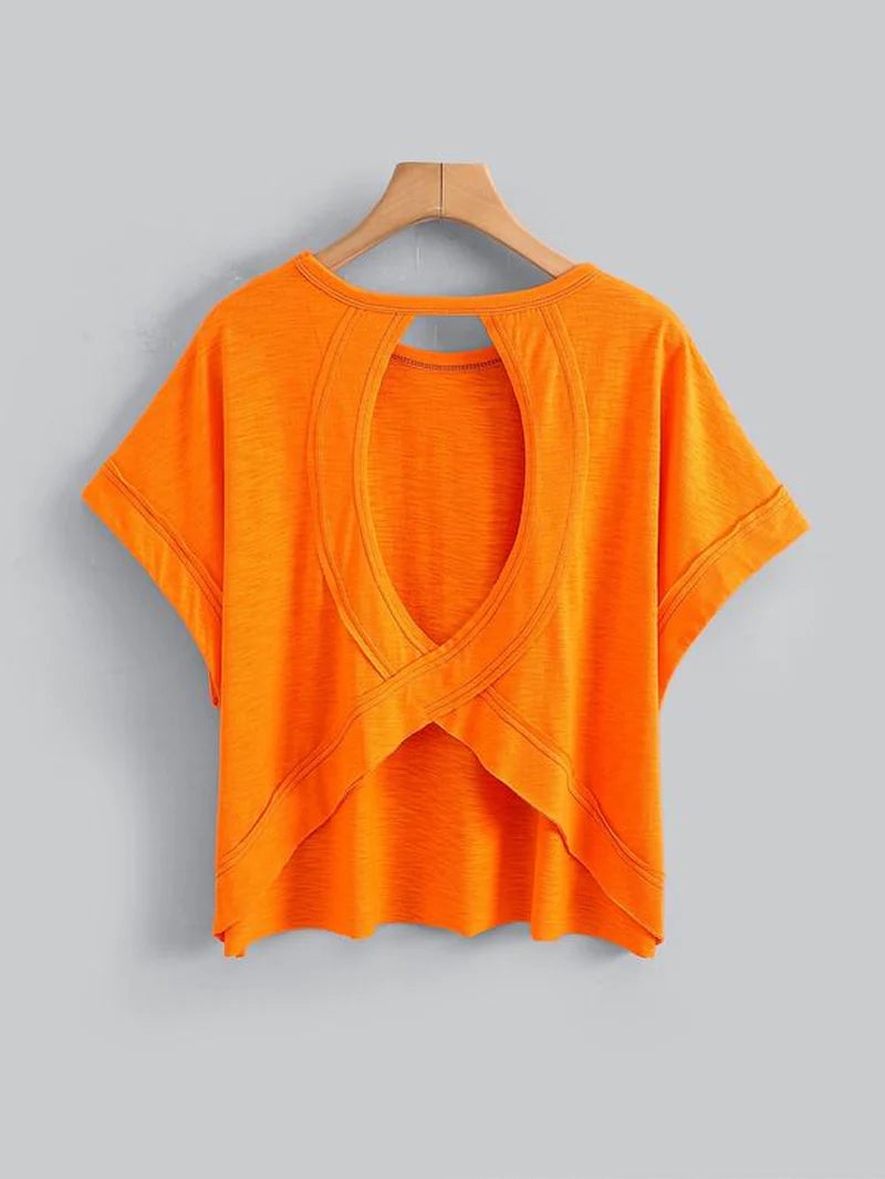 Women'S Plain Cut Out Asymmetrical Hem Batwing Sleeve Tee, Casual Short Sleeve round Neck T-Shirt for Summer, Ladies Clothes for Daily Wear, Tops, Womenswear
