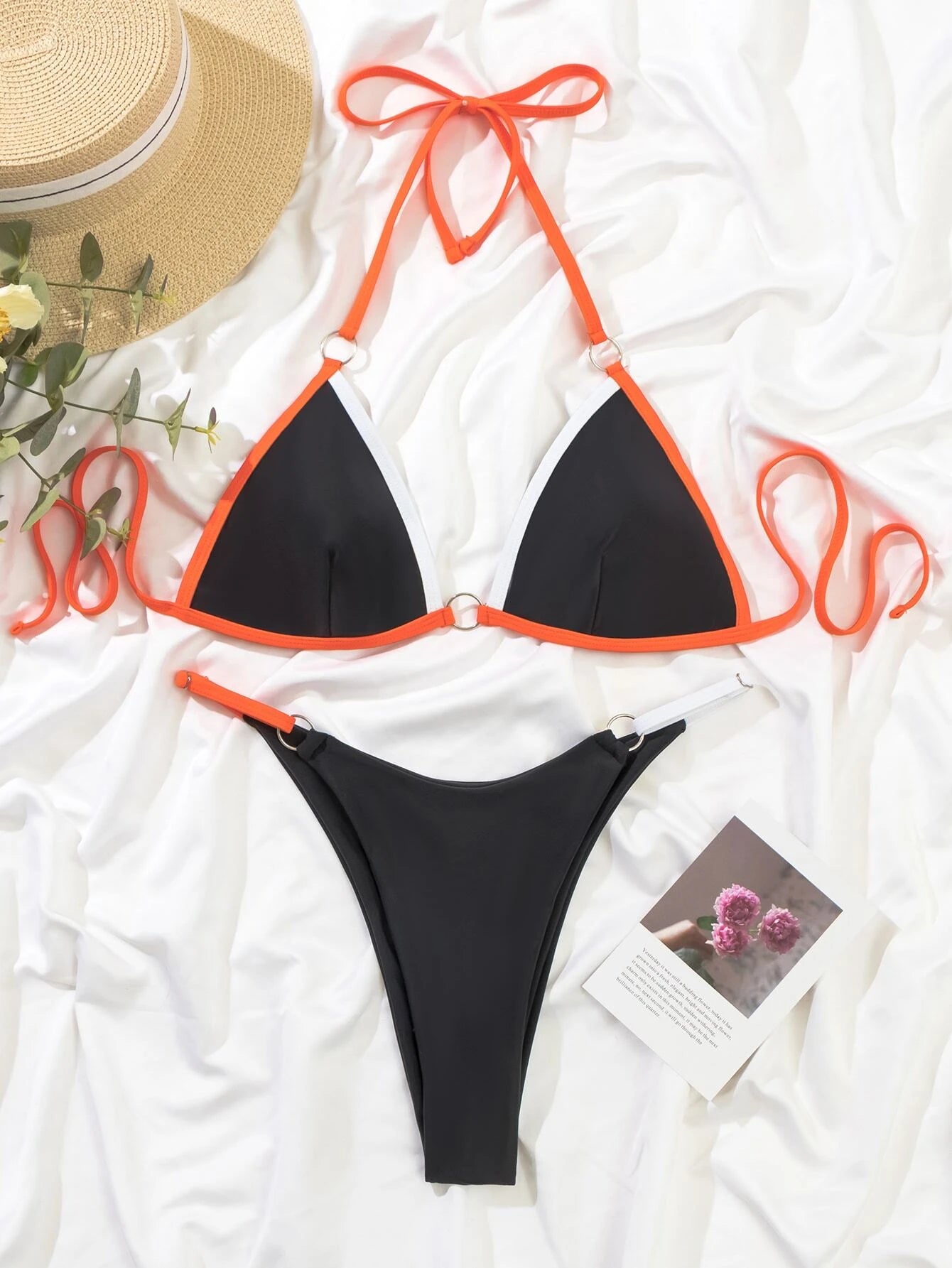 Swim Summer Beach Contrast Binding Ring Linked Triangle Bikini Set