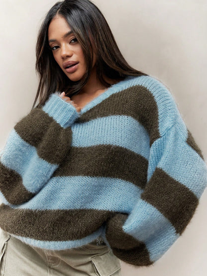 Color Block Striped Drop Shoulder Oversized Knit Sweater