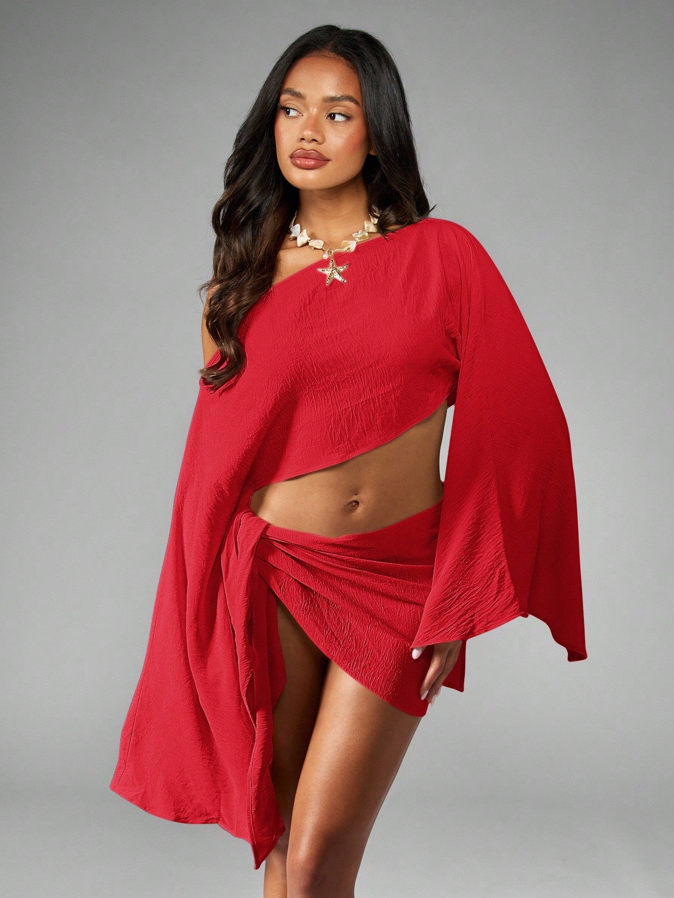 One Shoulder Linen Feel Cover Up With Bell Sleeves