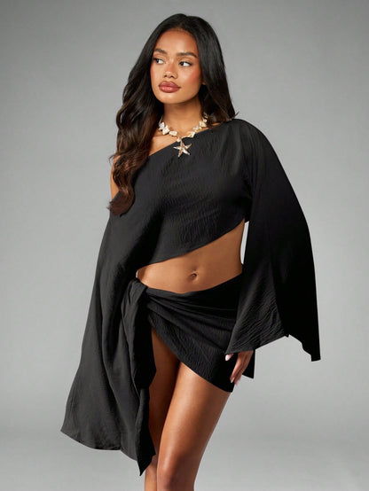 One Shoulder Linen Feel Cover Up With Bell Sleeves