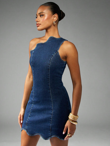 One Shoulder Denim Mini Dress With Scalloped Hem