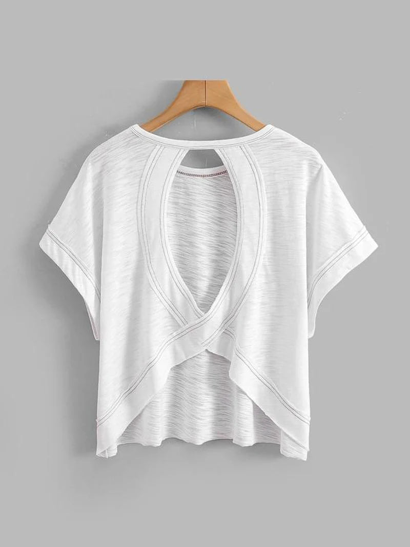 Women'S Plain Cut Out Asymmetrical Hem Batwing Sleeve Tee, Casual Short Sleeve round Neck T-Shirt for Summer, Ladies Clothes for Daily Wear, Tops, Womenswear