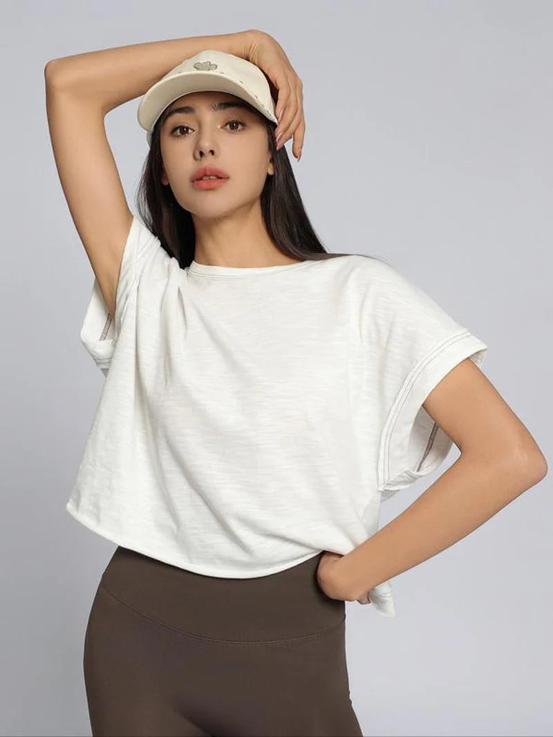 Women'S Plain Cut Out Asymmetrical Hem Batwing Sleeve Tee, Casual Short Sleeve round Neck T-Shirt for Summer, Ladies Clothes for Daily Wear, Tops, Womenswear