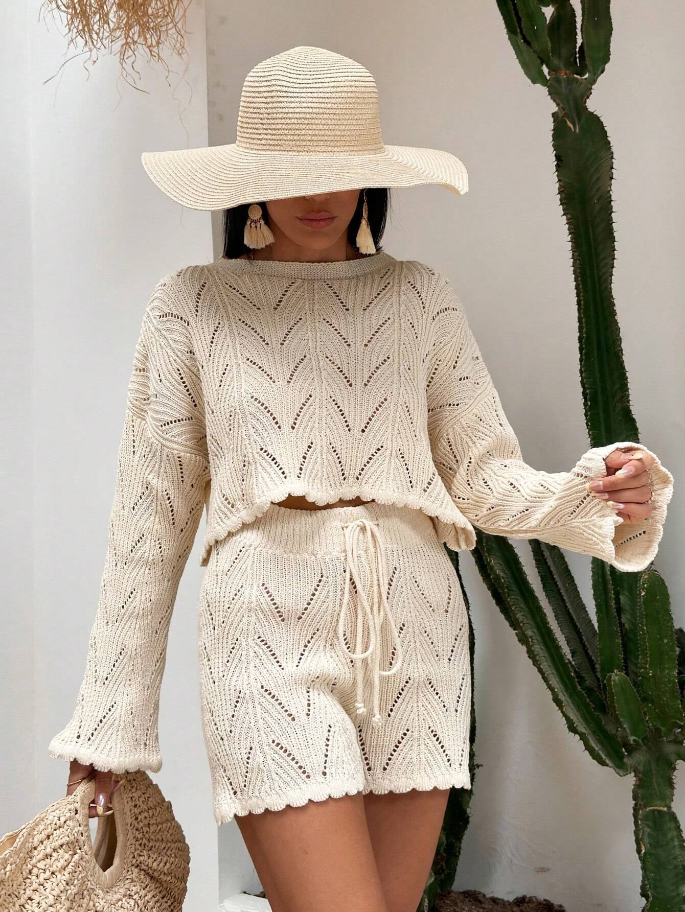 Solid Color Hollow Out Flare Sleeve Top & Shorts Cover up Set, for Summer Beach Vacation