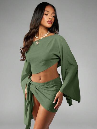 One Shoulder Linen Feel Cover Up With Bell Sleeves