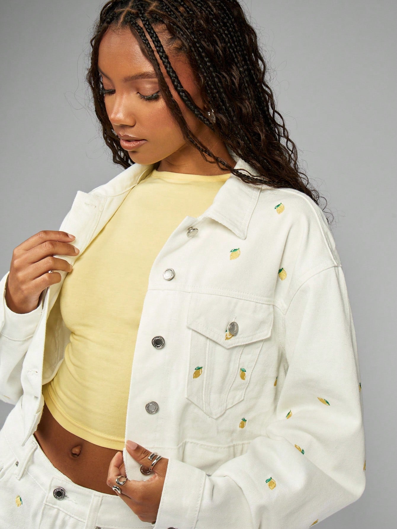 Oversized White Cotton Embroidered Lemon Print Denim Trucker Jacket