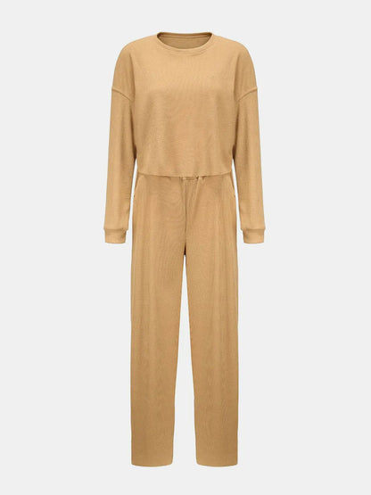 Waffle-Knit Round Neck Top and Pants Set