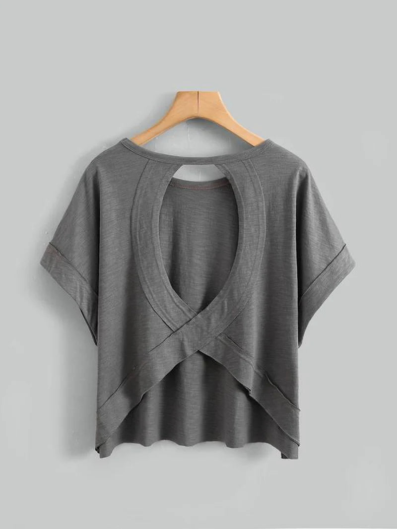 Women'S Plain Cut Out Asymmetrical Hem Batwing Sleeve Tee, Casual Short Sleeve round Neck T-Shirt for Summer, Ladies Clothes for Daily Wear, Tops, Womenswear