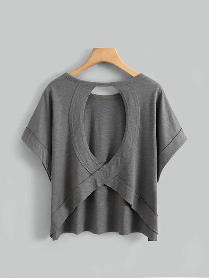 Women'S Plain Cut Out Asymmetrical Hem Batwing Sleeve Tee, Casual Short Sleeve round Neck T-Shirt for Summer, Ladies Clothes for Daily Wear, Tops, Womenswear