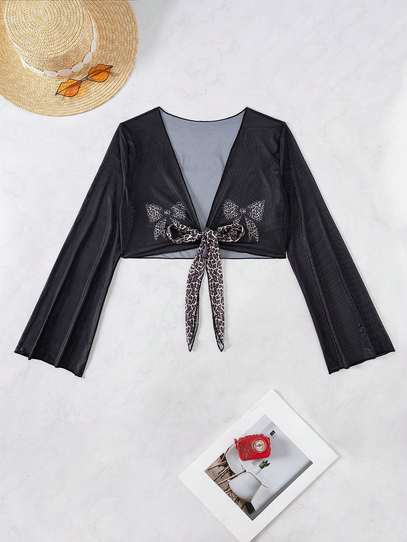 Slayr 1Pc Leopard Print Mesh Sheer Tie Front Fashion Sexy Women Kimono, for Summer Beach Vacation