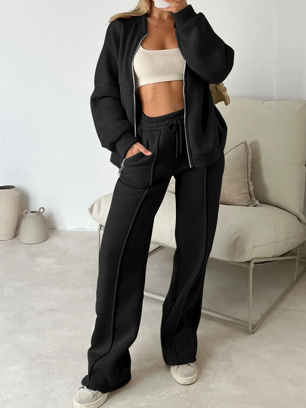 Zipper Up Jacket and Drawstring Pants Set