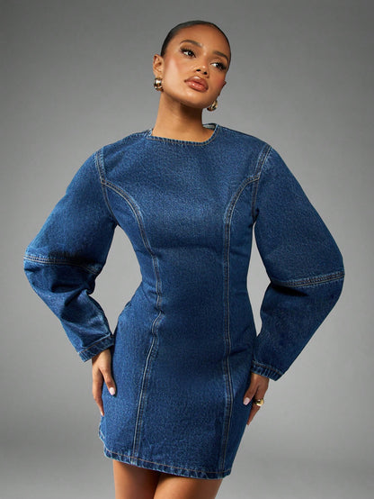 Fitted Denim Mini Dress With Balloon Sleeves