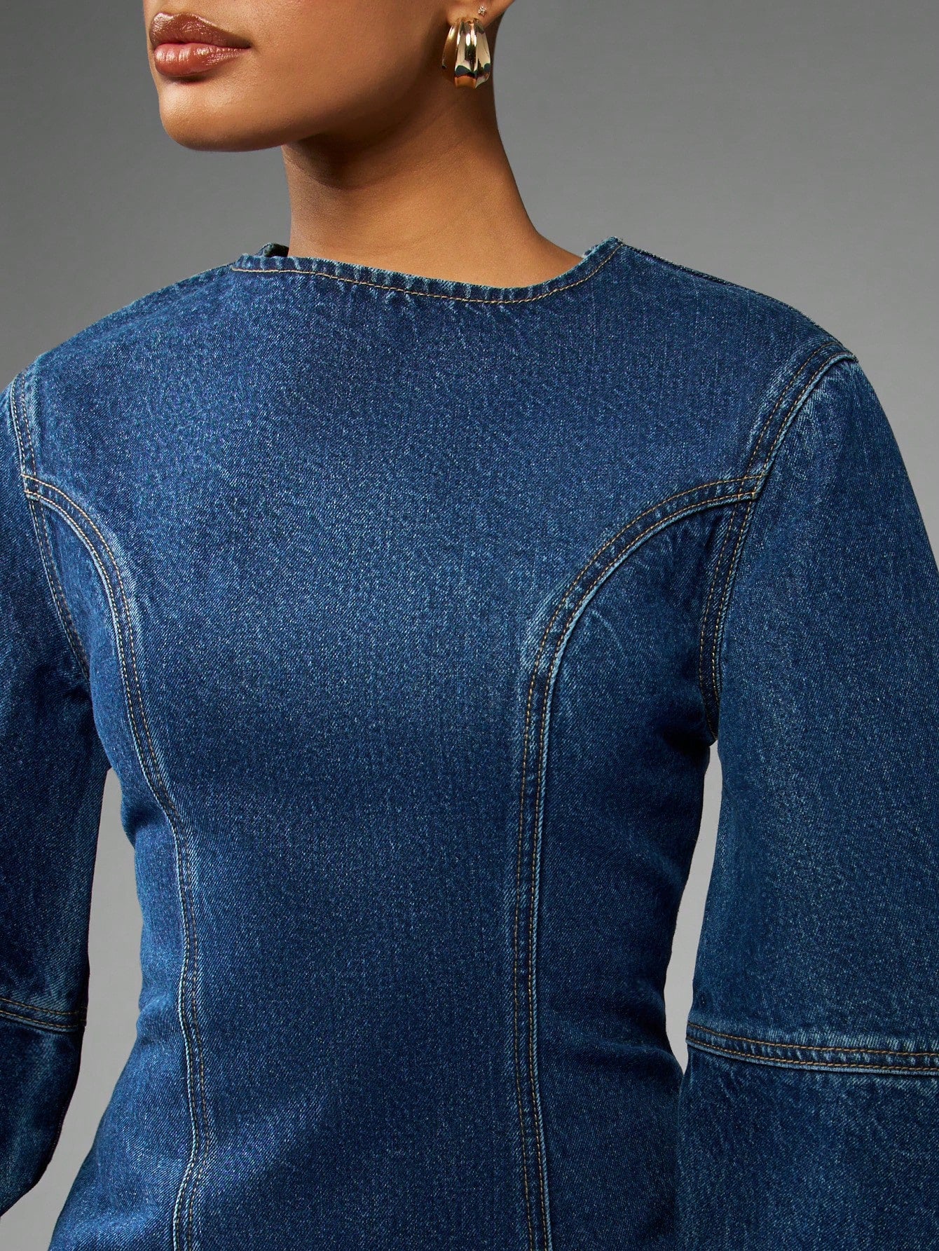 Fitted Denim Mini Dress With Balloon Sleeves