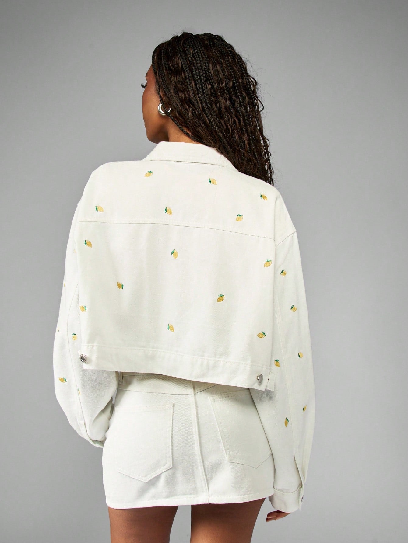 Oversized White Cotton Embroidered Lemon Print Denim Trucker Jacket