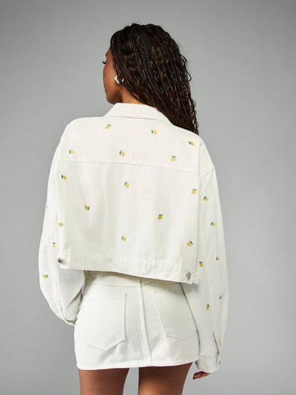 Oversized White Cotton Embroidered Lemon Print Denim Trucker Jacket
