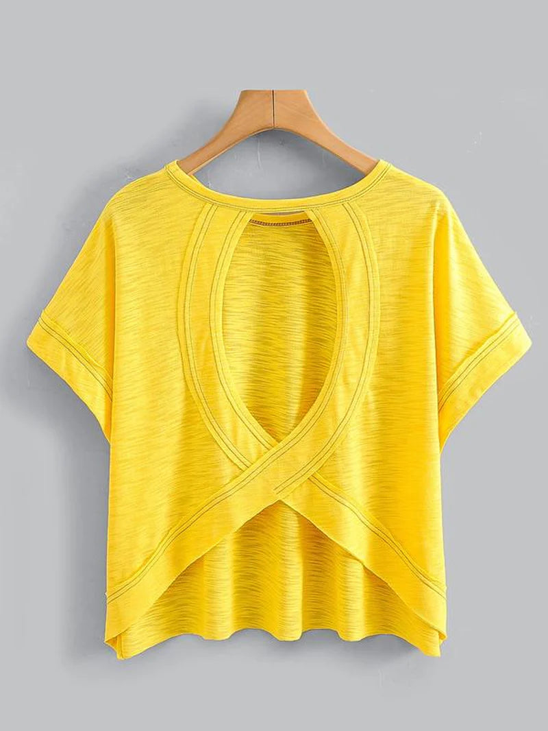 Women'S Plain Cut Out Asymmetrical Hem Batwing Sleeve Tee, Casual Short Sleeve round Neck T-Shirt for Summer, Ladies Clothes for Daily Wear, Tops, Womenswear