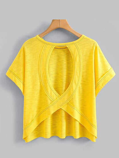 Women'S Plain Cut Out Asymmetrical Hem Batwing Sleeve Tee, Casual Short Sleeve round Neck T-Shirt for Summer, Ladies Clothes for Daily Wear, Tops, Womenswear