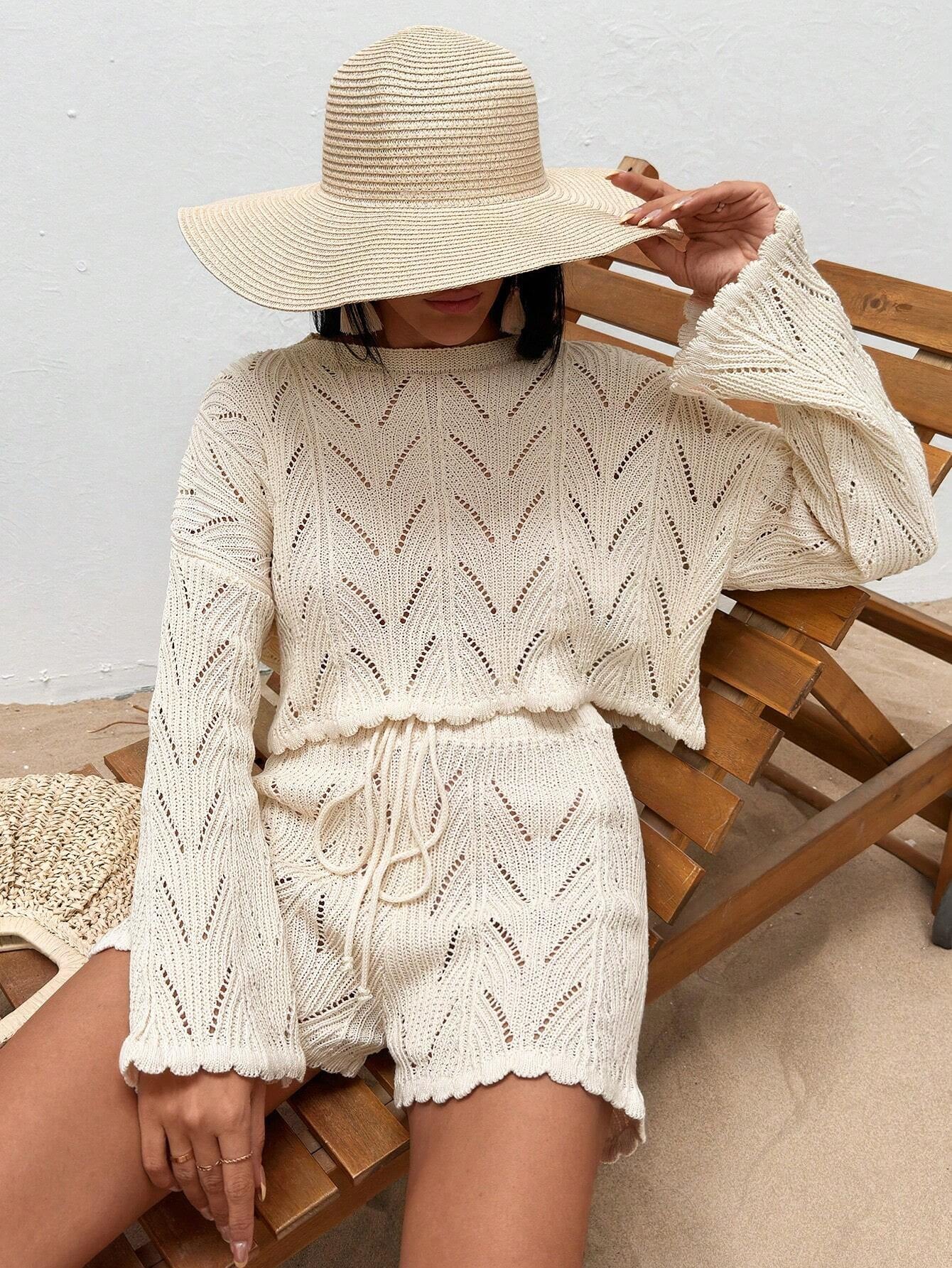 Solid Color Hollow Out Flare Sleeve Top & Shorts Cover up Set, for Summer Beach Vacation