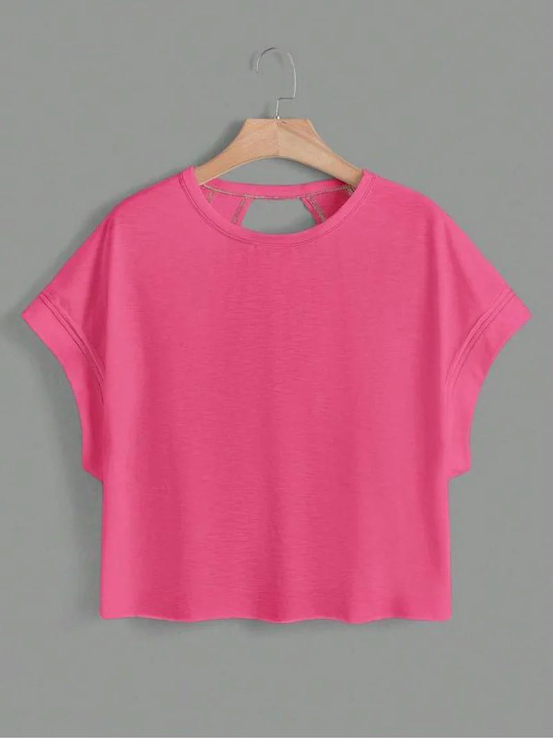 Women'S Plain Cut Out Asymmetrical Hem Batwing Sleeve Tee, Casual Short Sleeve round Neck T-Shirt for Summer, Ladies Clothes for Daily Wear, Tops, Womenswear