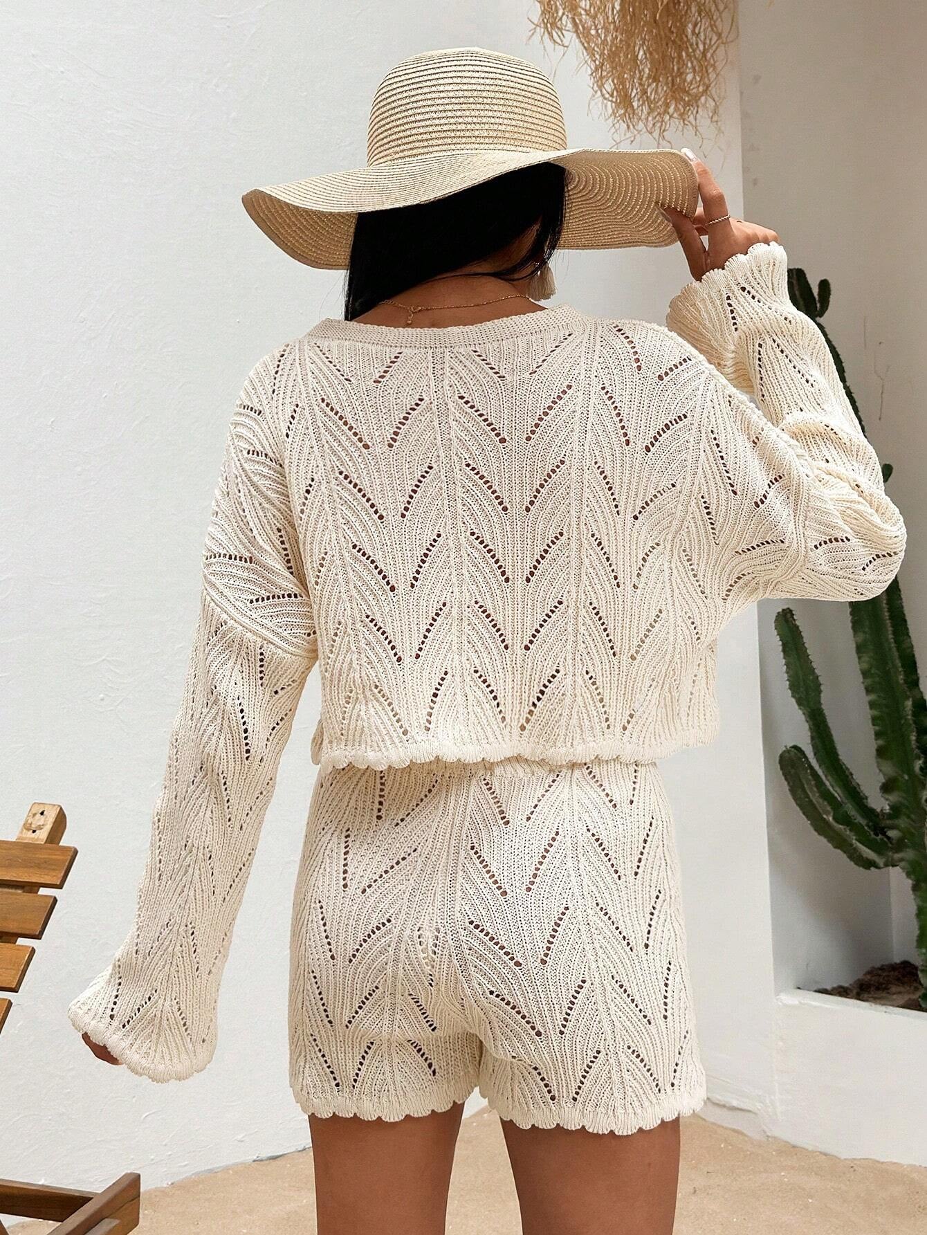 Solid Color Hollow Out Flare Sleeve Top & Shorts Cover up Set, for Summer Beach Vacation