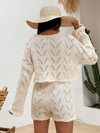 Solid Color Hollow Out Flare Sleeve Top & Shorts Cover up Set, for Summer Beach Vacation