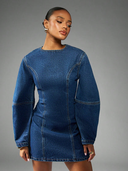 Fitted Denim Mini Dress With Balloon Sleeves