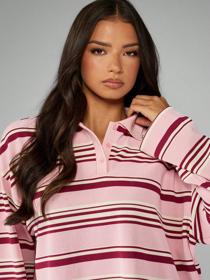 Striped Rugby Polo Top With Collared Neckline