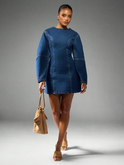 Fitted Denim Mini Dress With Balloon Sleeves