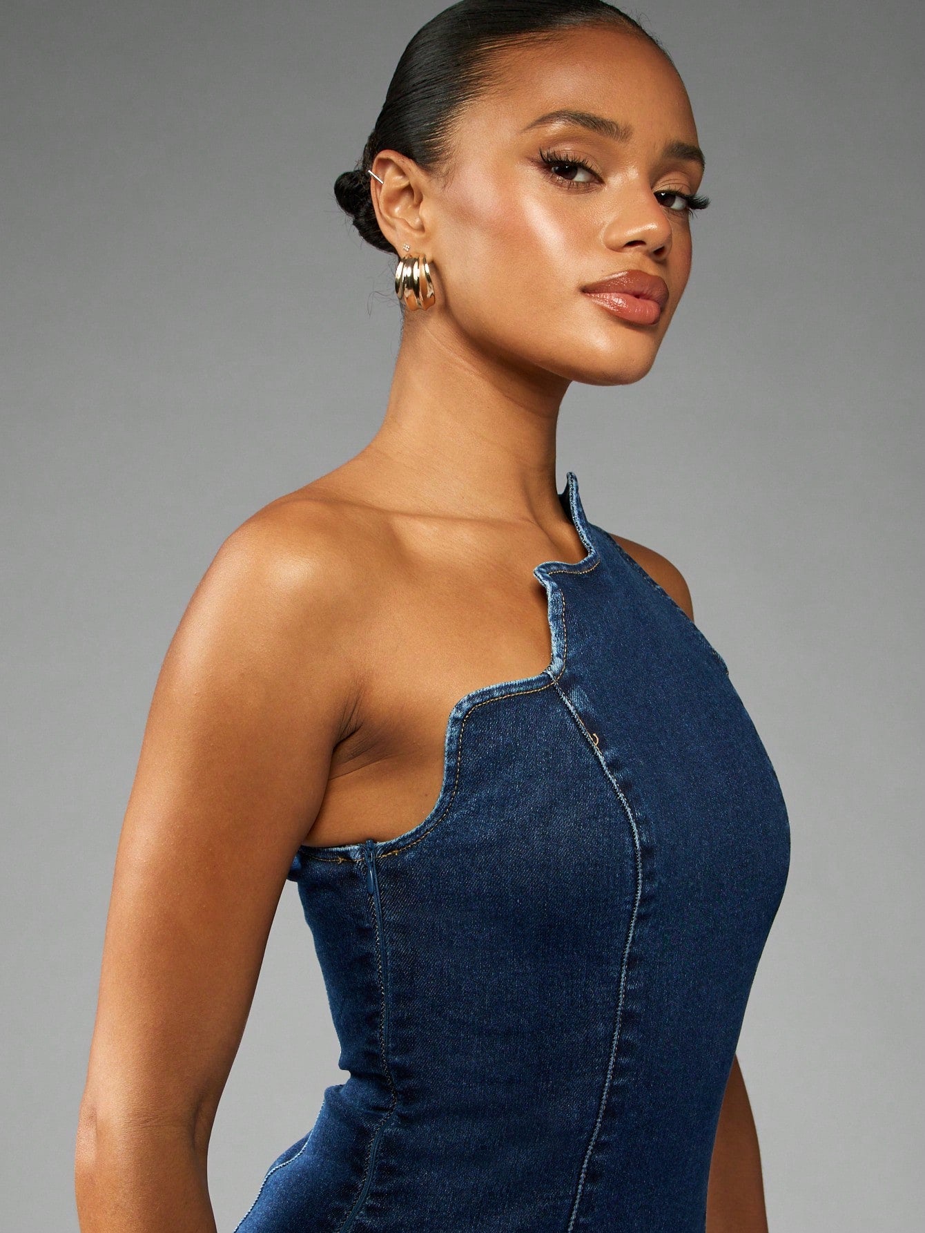 One Shoulder Denim Mini Dress With Scalloped Hem