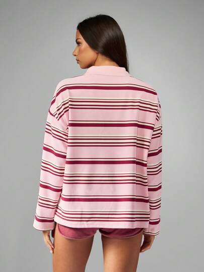Striped Rugby Polo Top With Collared Neckline