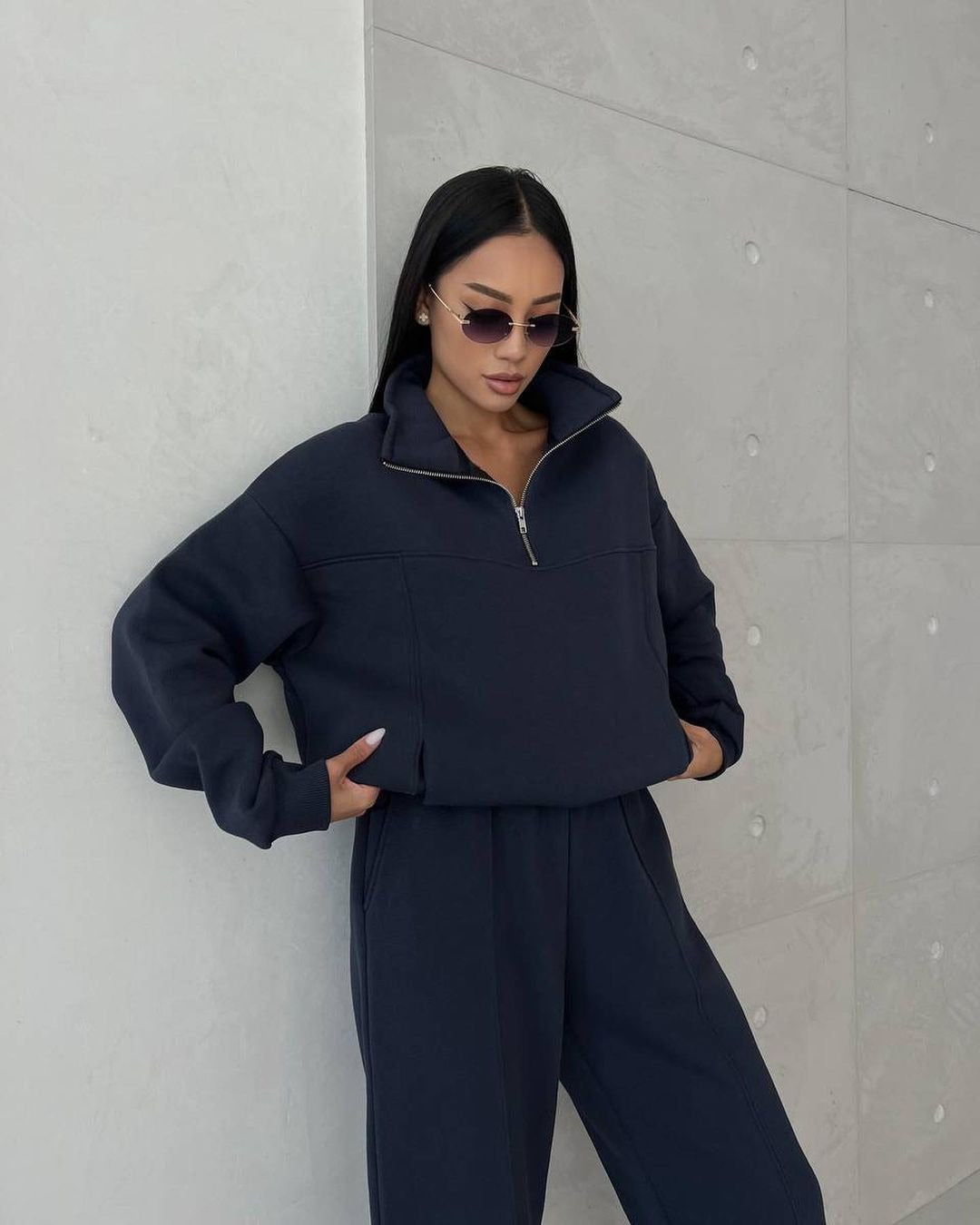 Midnight Blue Oversized Half-Zip Tracksuit Set"