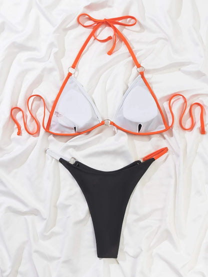 Swim Summer Beach Contrast Binding Ring Linked Triangle Bikini Set
