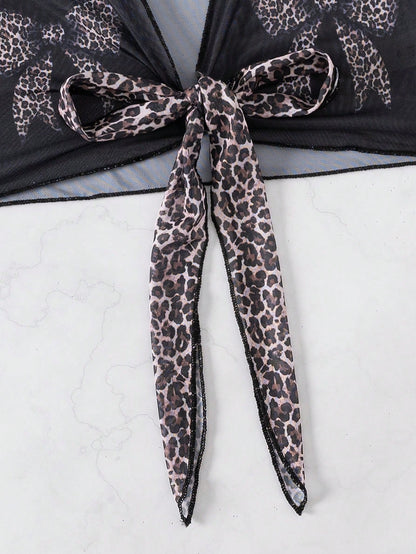 Slayr 1Pc Leopard Print Mesh Sheer Tie Front Fashion Sexy Women Kimono, for Summer Beach Vacation