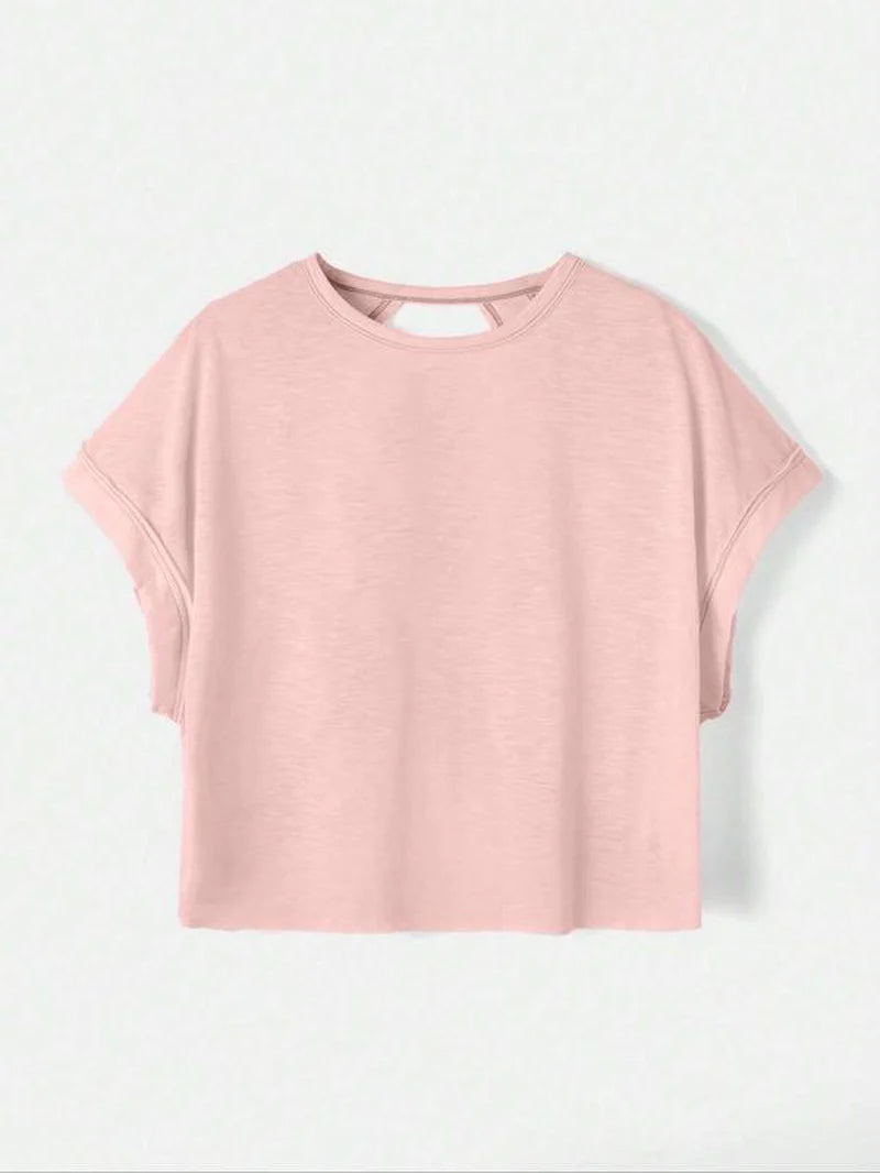 Women'S Plain Cut Out Asymmetrical Hem Batwing Sleeve Tee, Casual Short Sleeve round Neck T-Shirt for Summer, Ladies Clothes for Daily Wear, Tops, Womenswear