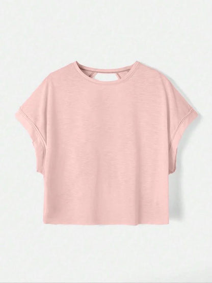 Women'S Plain Cut Out Asymmetrical Hem Batwing Sleeve Tee, Casual Short Sleeve round Neck T-Shirt for Summer, Ladies Clothes for Daily Wear, Tops, Womenswear